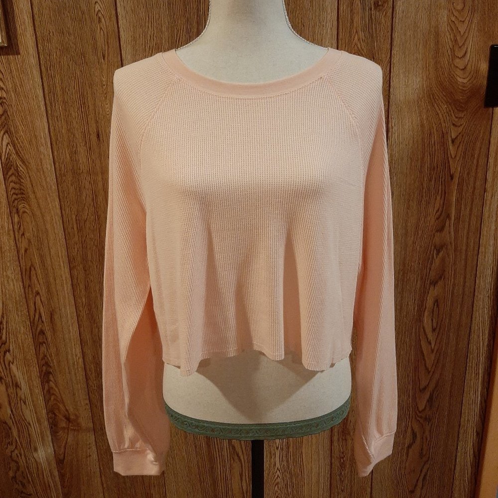 Double Zero Peach Cropped Waffle Long-Sleeve Top (Large)